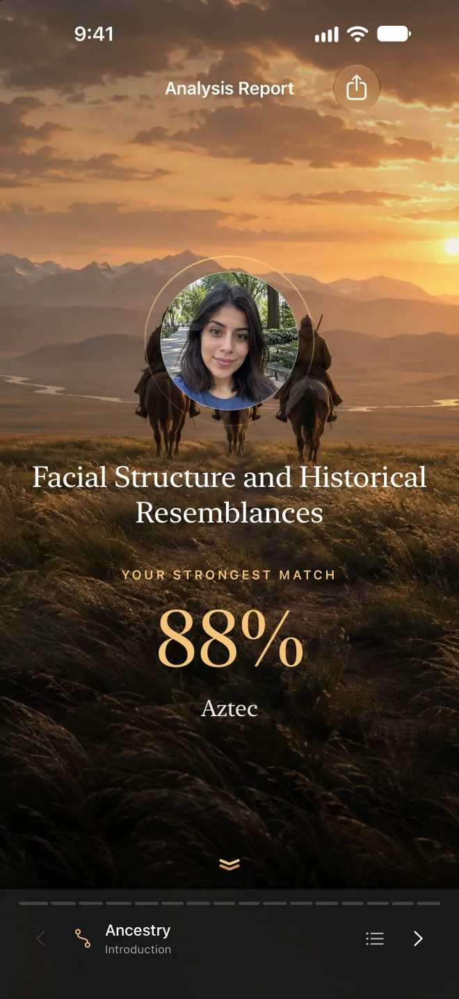 Face DNA report cover showing an 88% match with the Aztec