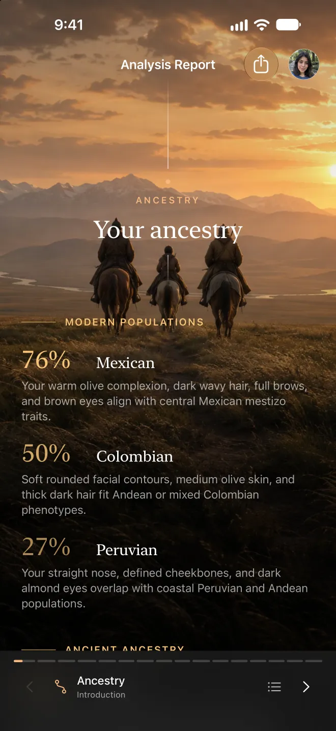 Modern population matches: Mexican 76%, Colombian 50%, Peruvian 27%